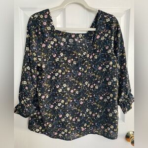 Bobeau black floral print blouse with square neck and faux buttons